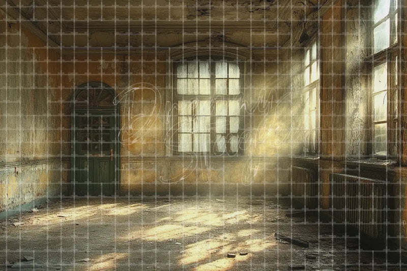 Abandoned Interior Window digital backdrop and photo booth background for Moody Photo Booth Halloween Event Decor and Theatre Scene, ideal for event decor, local printing, projector screens, LED displays, and themed stage backgrounds.