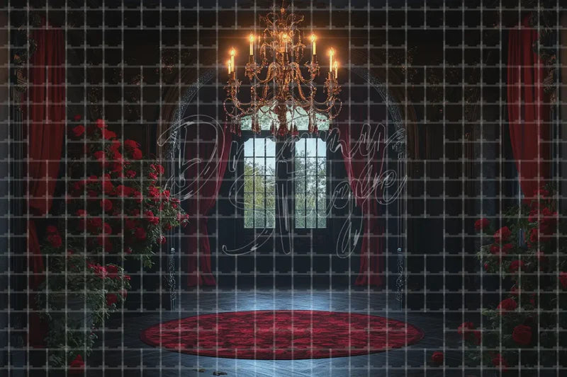 Gothic Window Red Roses digital backdrop and photo booth background for Dark Romance Photo Booth Event Decor and Theatre Stage, ideal for event decor, local printing, projector screens, LED displays, and themed stage backgrounds.