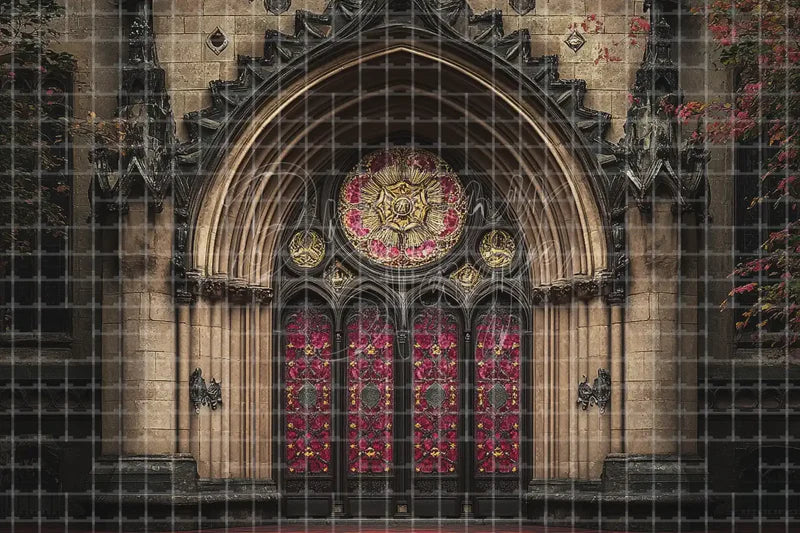 Gothic Cathedral Rose Window digital backdrop and photo booth background for Halloween Photo Booth Church Event and Stage Scenery, ideal for event decor, local printing, projector screens, LED displays, and themed stage backgrounds.