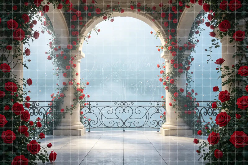 Rose Balcony Arch digital backdrop and photo booth background for Romantic Wedding Photo Booth Garden Event Decor and Stage Scene, ideal for event decor, local printing, projector screens, LED displays, and themed stage backgrounds.