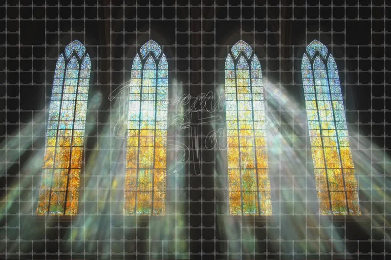 Stained Glass Light Rays digital backdrop and photo booth background for Church Photo Booth Spiritual Event Decor and Stage Background, ideal for event decor, local printing, projector screens, LED displays, and themed stage backgrounds.
