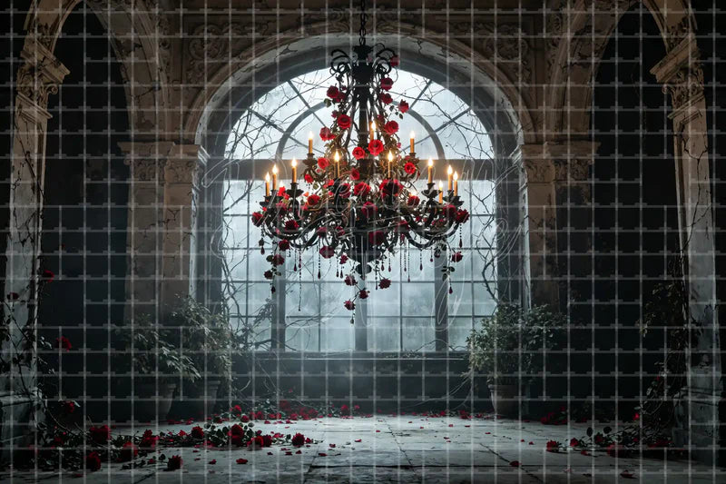 Gothic Rose Window Door digital backdrop and photo booth background for Dark Wedding Photo Booth Halloween Event and Theatre Stage, ideal for event decor, local printing, projector screens, LED displays, and themed stage backgrounds.