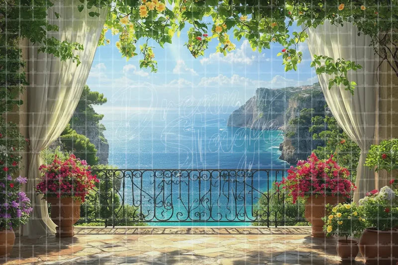 Sea View Terrace Columns digital backdrop and photo booth background for Wedding Photo Booth Travel Event Decor and Stage Background, ideal for event decor, local printing, projector screens, LED displays, and themed stage backgrounds.