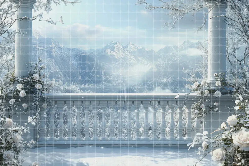 Winter Balcony Mountain View digital backdrop and photo booth background for Holiday Photo Booth Snow Event Decor and Theatre Stage, ideal for event decor, local printing, projector screens, LED displays, and themed stage backgrounds.