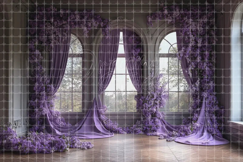 Purple Curtain Window digital backdrop and photo booth background for Gothic Photo Booth Vintage Event Decor and Theatre Stage Interior, ideal for event decor, local printing, projector screens, LED displays, and themed stage backgrounds.