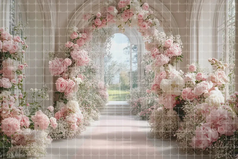 Pink Floral Arch Wedding Aisle digital backdrop for Romantic Photo Booth Bridal Event Decor and Theatre Stage Entrance, perfect as a photo booth background, event decor backdrop, local print backdrop, projection screen, or stage background.