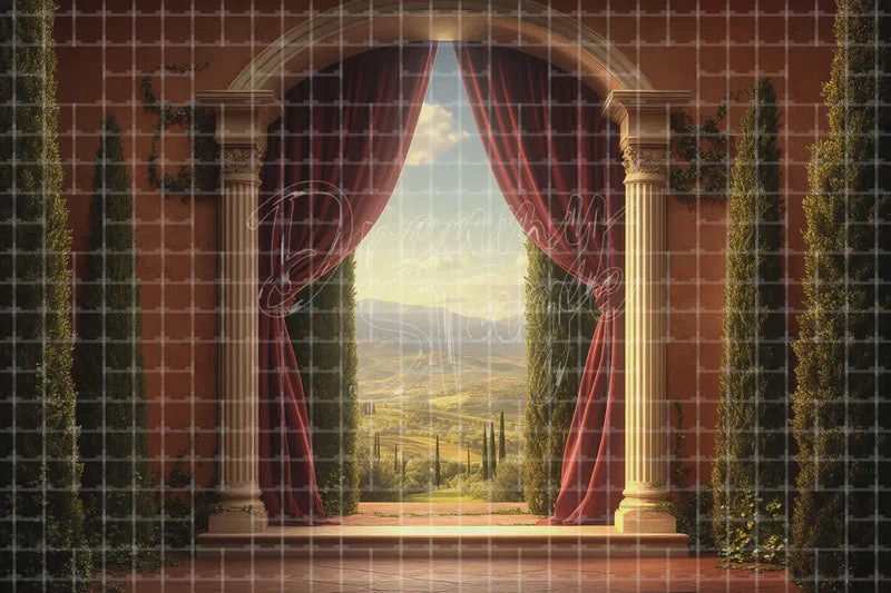 Tuscan Garden Curtain Arch digital backdrop for Mediterranean Wedding Photo Booth Event Decor and Scenic Theatre Stage, perfect as a photo booth background, event decor backdrop, local print backdrop, projection screen, or stage background.