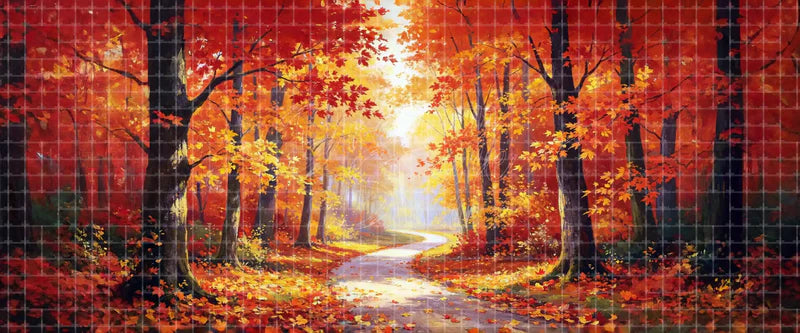 Glowing Autumn Forest Path digital stage backdrop for musical theatre, ballet, dance recitals, school productions, projection, LED screens, and local printing.