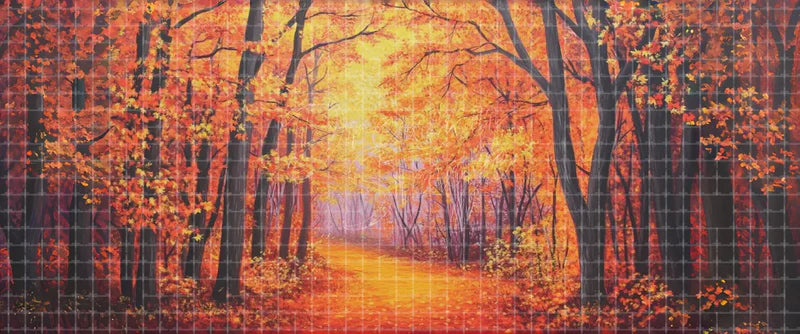 Fiery Orange Autumn Woodland Trail digital stage backdrop for musical theatre, ballet, dance recitals, school productions, projection, LED screens, and local printing.