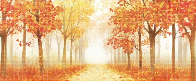 Golden Sunlit Fall Forest Path digital stage backdrop for musical theatre, ballet, dance recitals, school productions, projection, LED screens, and local printing.