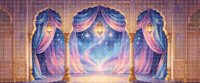 Arabian Palace Arches and Starry Curtains Fantasy digital stage backdrop for musical theatre, ballet, dance recitals, school productions, projection, LED screens, and local printing.