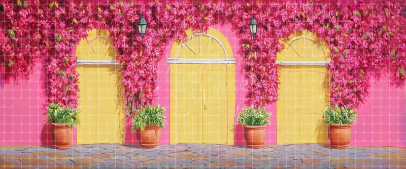 Pink Mediterranean House Facade with Yellow Doors digital stage backdrop for musical theatre, ballet, dance recitals, school productions, projection, LED screens, and local printing.
