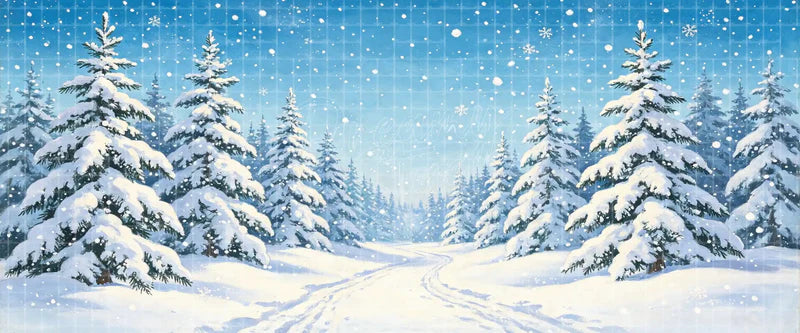 Snowy Pine Forest Winter digital stage backdrop for musical theatre, ballet, dance recitals, school productions, projection, LED screens, and local printing.