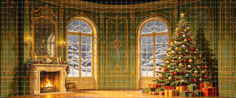Elegant Green Christmas Palace Room with Fireplace and Tree digital stage backdrop for musical theatre, ballet, dance recitals, school productions, projection, LED screens, and local printing.