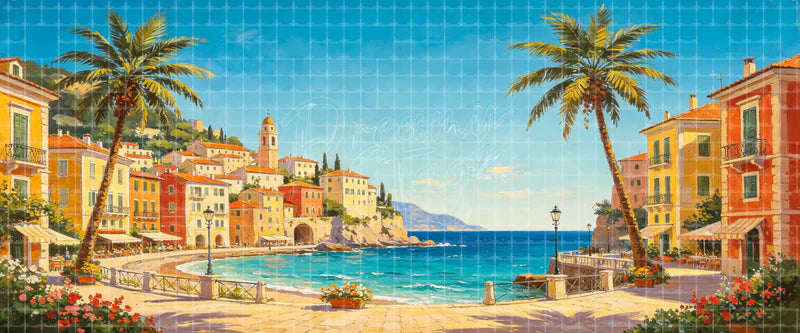 Colorful Mediterranean Seaside Village digital stage backdrop for musical theatre, ballet, dance recitals, school productions, projection, LED screens, and local printing.