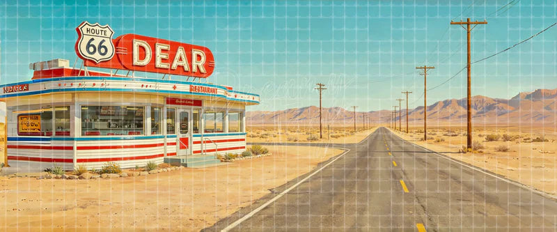 Retro Route 66 Desert Diner and Highway digital stage backdrop for musical theatre, ballet, dance recitals, school productions, projection, LED screens, and local printing.