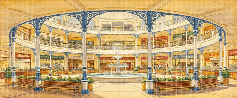 Grand Victorian Shopping Arcade with Fountain digital stage backdrop for musical theatre, school productions, community theatre, projection, LED screens, and local printing.