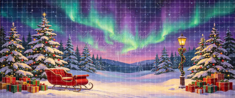 Aurora Christmas Forest with Sleigh and Gifts Holiday digital stage backdrop for musical theatre, ballet, dance recitals, school productions, projection, LED screens, and local printing.