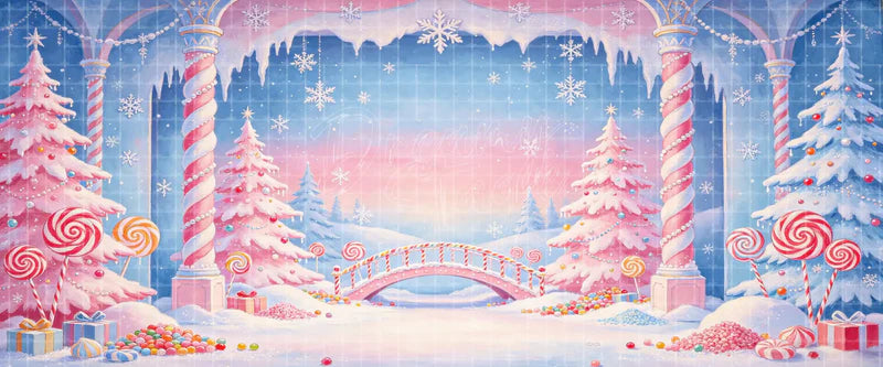 Pink Candyland Winter Bridge and Lollipop Forest digital stage backdrop for musical theatre, ballet, dance recitals, school productions, projection, LED screens, and local printing.