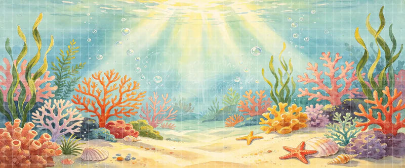 Watercolor Underwater Coral Reef digital stage backdrop for musical theatre, ballet, dance recitals, school productions, projection, LED screens, and local printing.
