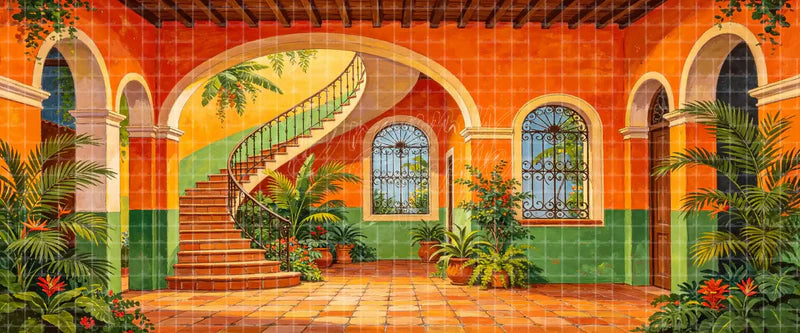 Colorful Spanish Hacienda Courtyard and Staircase digital stage backdrop for musical theatre, ballet, dance recitals, school productions, projection, LED screens, and local printing.