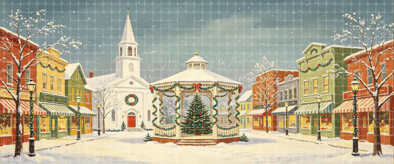 Snowy Christmas Town Square with Gazebo and Church digital stage backdrop for musical theatre, school productions, community theatre, projection, LED screens, and local printing.