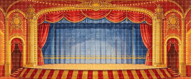 Classic Red and Gold Theatre Proscenium with Blue Curtain digital stage backdrop for musical theatre, ballet, dance recitals, school productions, projection, LED screens, and local printing.