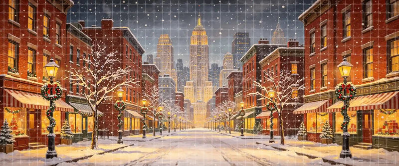 Snowy Christmas City Street with Shops and Skyline digital stage backdrop for musical theatre, ballet, dance recitals, school productions, projection, LED screens, and local printing.
