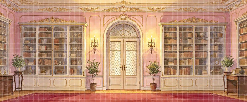 Pink Rococo Library Interior with Glass Bookcases and Arched Double Door digital stage backdrop for musical theatre, school productions, community theatre, projection, LED screens, and local printing.
