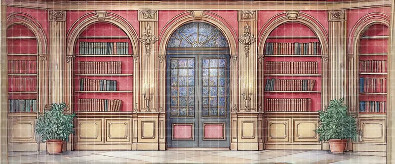 Burgundy Classical Library Hall with Arched Bookshelves and Double Doors Period Drama digital stage backdrop for musical theatre, school productions, community theatre, projection, LED screens, and local printing.