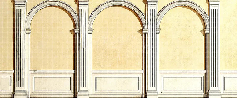 Cream Neoclassical Arch and Column Wall Interior Blank Theatre Set digital stage backdrop for musical theatre, school productions, community theatre, projection, LED screens, and local printing.