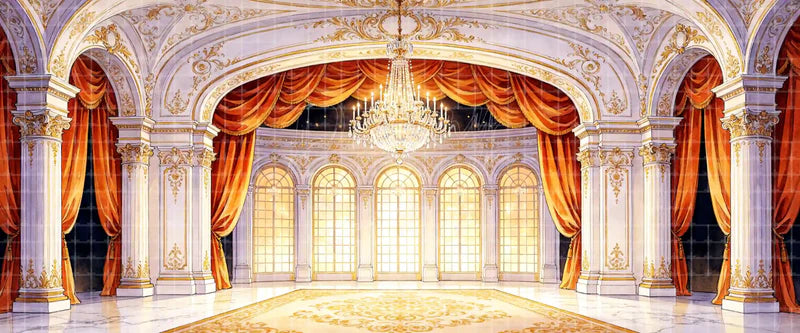 White and Gold Palace Ballroom with Chandelier Red Curtains and Arched Windows digital stage backdrop for musical theatre, ballet, dance recitals, school productions, projection, LED screens, and local printing.
