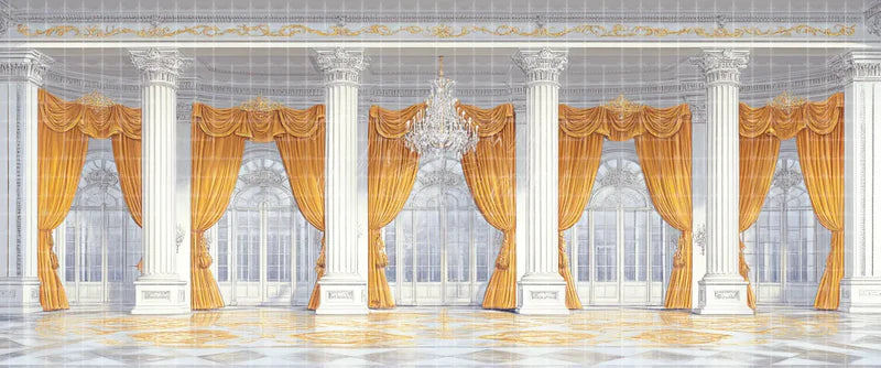 Grand White Column Ballroom with Gold Drapes and Crystal Chandelier Ballet digital stage backdrop for musical theatre, ballet, dance recitals, school productions, projection, LED screens, and local printing.