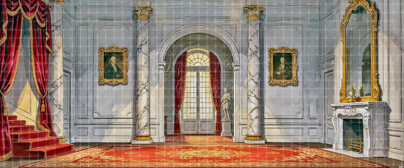 Marble Palace Hall with Red Carpet Portraits Fireplace and Columns Period Musical digital stage backdrop for musical theatre, school productions, community theatre, projection, LED screens, and local printing.