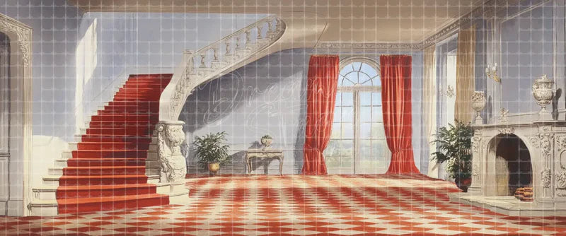 White Marble Mansion Foyer with Red Carpet Staircase Fireplace and Curtains digital stage backdrop for musical theatre, school productions, community theatre, projection, LED screens, and local printing.