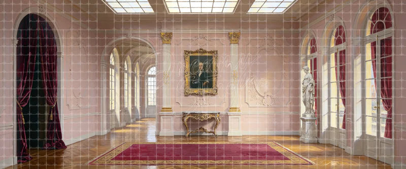 Blush Pink Palace Gallery with Classical Statue Portrait and Red Carpet digital stage backdrop for musical theatre, ballet, dance recitals, school productions, projection, LED screens, and local printing.