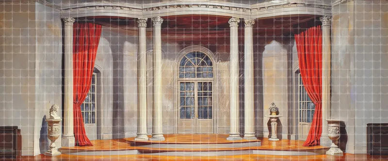 Neoclassical Rotunda Hall with White Columns Red Curtains and Central Door digital stage backdrop for musical theatre, school productions, community theatre, projection, LED screens, and local printing.