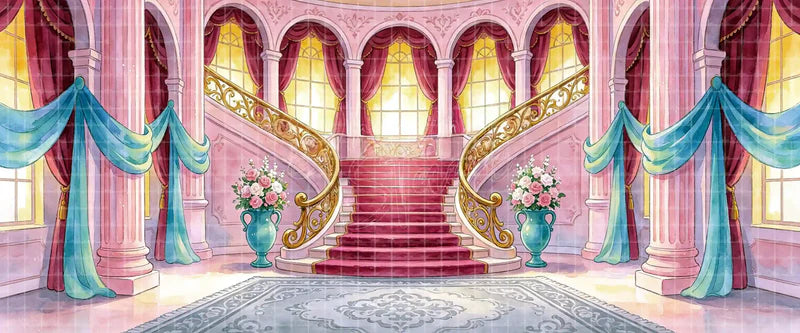 Pink Fairy Tale Palace Grand Staircase with Teal Drapes and Floral Urns Dance Recital Backdrop digital stage backdrop for musical theatre, ballet, dance recitals, school productions, projection, LED screens, and local printing.