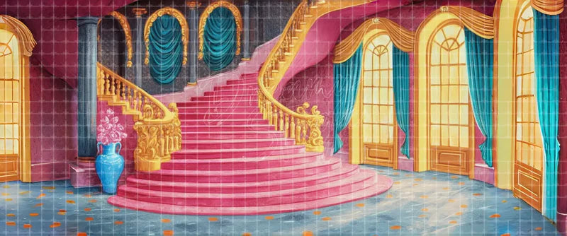 Pink and Teal Royal Palace Staircase Interior Princess Musical digital stage backdrop for musical theatre, ballet, dance recitals, school productions, projection, LED screens, and local printing.
