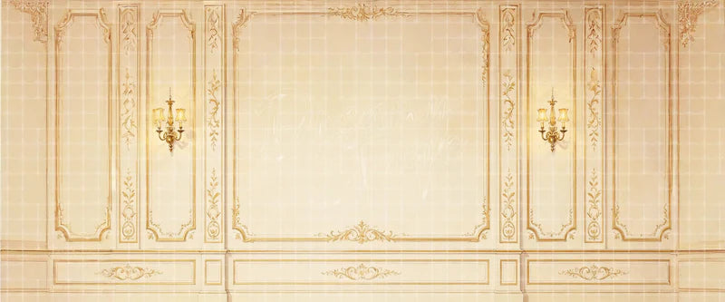 Ivory Rococo Wall Paneling with Gold Ornament and Sconces Elegant Event digital stage backdrop for musical theatre, ballet, dance recitals, school productions, projection, LED screens, and local printing.
