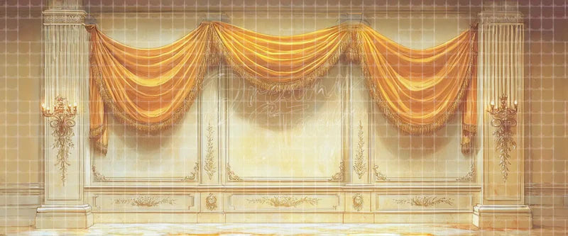 Cream Palace Wall with Gold Swag Curtains Columns and Decorative Panels digital stage backdrop for musical theatre, ballet, dance recitals, school productions, projection, LED screens, and local printing.