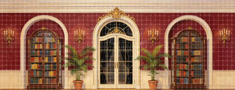 Red Royal Library Interior with Arched Door Bookcases and Palm Plants Period digital stage backdrop for musical theatre, school productions, community theatre, projection, LED screens, and local printing.