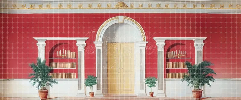 Red Neoclassical Library Wall with White Columns Bookshelves and Center Door digital stage backdrop for musical theatre, school productions, community theatre, projection, LED screens, and local printing.