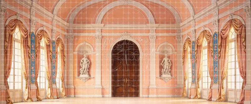 Peach Palace Grand Hall with Classical Statues Tall Windows and Central Wooden Door digital stage backdrop for musical theatre, ballet, dance recitals, school productions, projection, LED screens, and local printing.