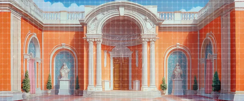 Terracotta Palace Courtyard Entrance with White Columns Statues and Arched Door digital stage backdrop for musical theatre, school productions, community theatre, projection, LED screens, and local printing.