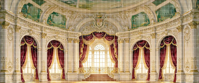 White and Gold Rococo Ballroom with Burgundy Curtains Arched Windows and Royal Balcony digital stage backdrop for musical theatre, ballet, dance recitals, school productions, projection, LED screens, and local printing.