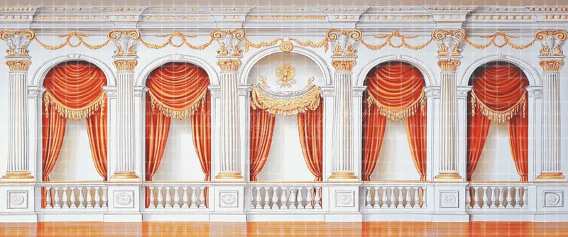 White Neoclassical Palace Colonnade with Red Drapes and Balustrade Ballet digital stage backdrop for musical theatre, ballet, dance recitals, school productions, projection, LED screens, and local printing.