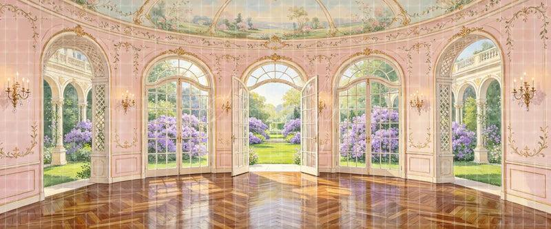Pink Rococo Garden Room with French Doors digital stage backdrop for musical theatre, ballet, dance recitals, school productions, projection, LED screens, and local printing.
