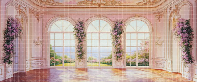 Blush Pink Palace Conservatory with Flowering Vines and Arched Windows Musical Theatre digital stage backdrop for musical theatre, ballet, dance recitals, school productions, projection, LED screens, and local printing.