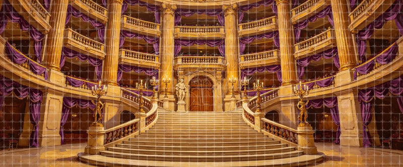 Grand Opera House Staircase with Purple Drapes Luxury digital stage backdrop for musical theatre, ballet, dance recitals, school productions, projection, LED screens, and local printing.